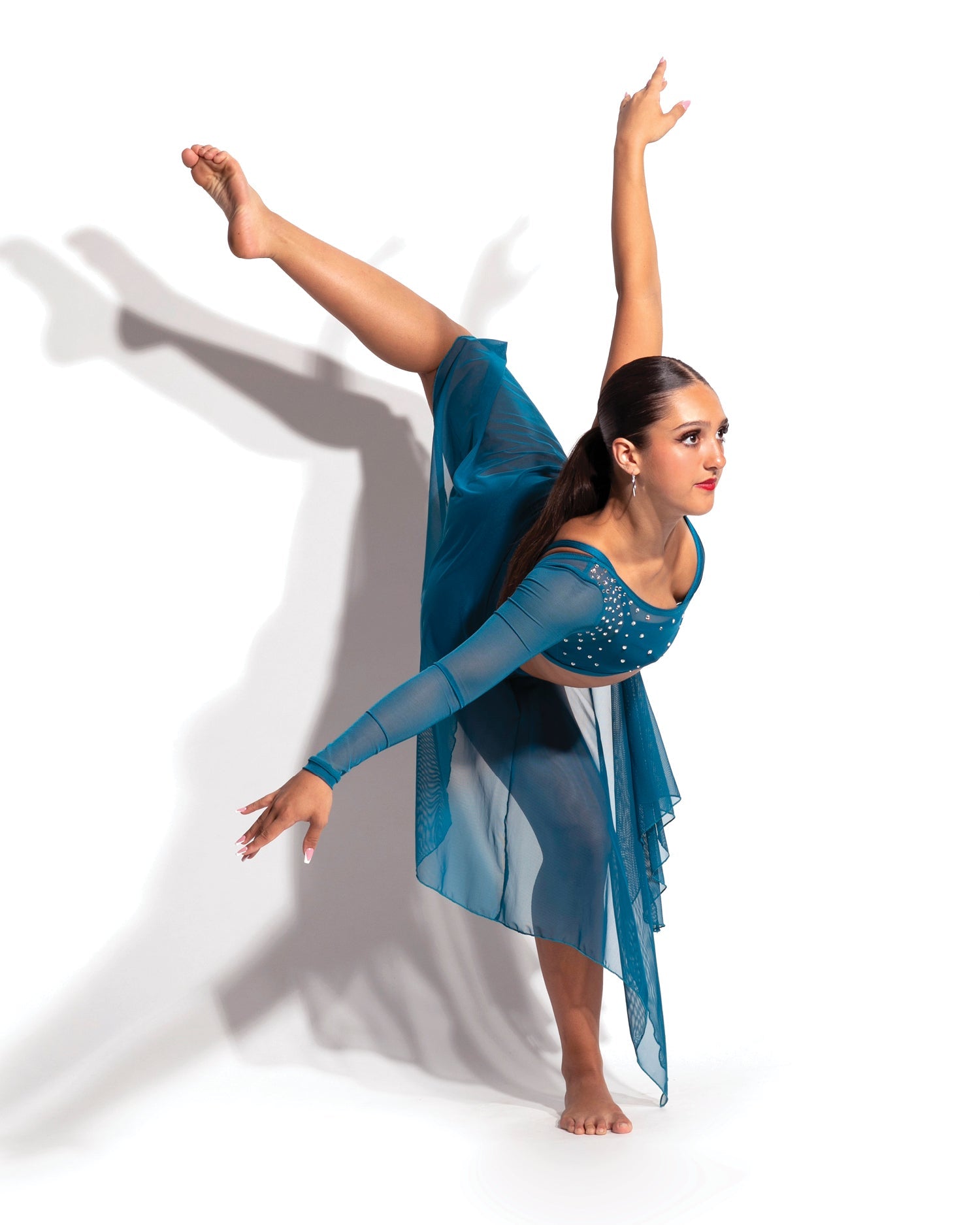 Asymmetrical dance top and skirt for jazz, lyrical, or contemporary choreography.