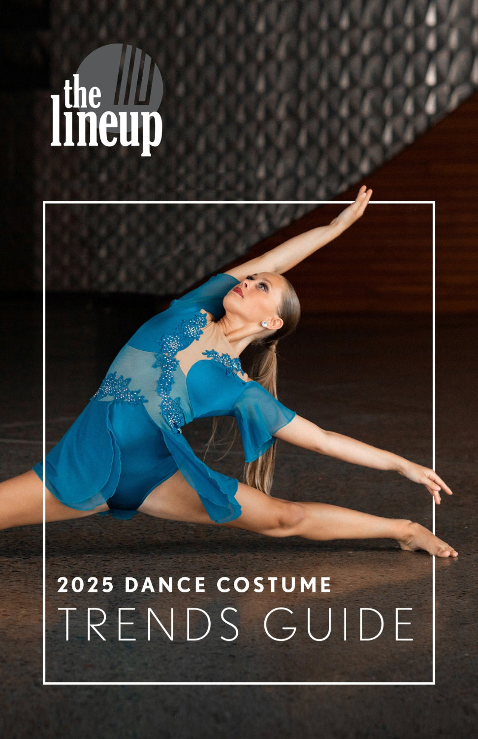 2025 Dance Costume Trends Guide with a dancer in a blue costume on a dark background
